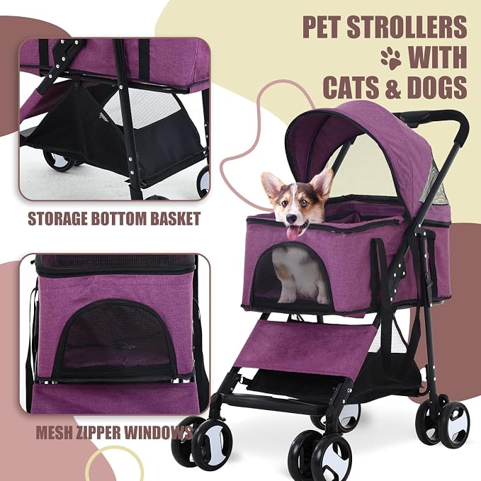 Dog Stroller 3-in-1 Folding Dog Stroller for Medium Small Dogs Pet Stroller Cat Stroller 4 Wheels with Detachable Carrier Storage Basket Waterproof Lightweight for Travel,Purple