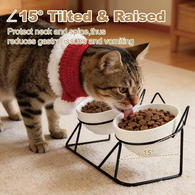 Elevated Tilted Cat Bowls for Indoor Cats，Raised Ceramic Cat Bowl Elevated 15°,Pet Feeding Bowls for Food and Water Anti Vomiting Bowl(Double Ceramics and Tilt Shelf) Suitable