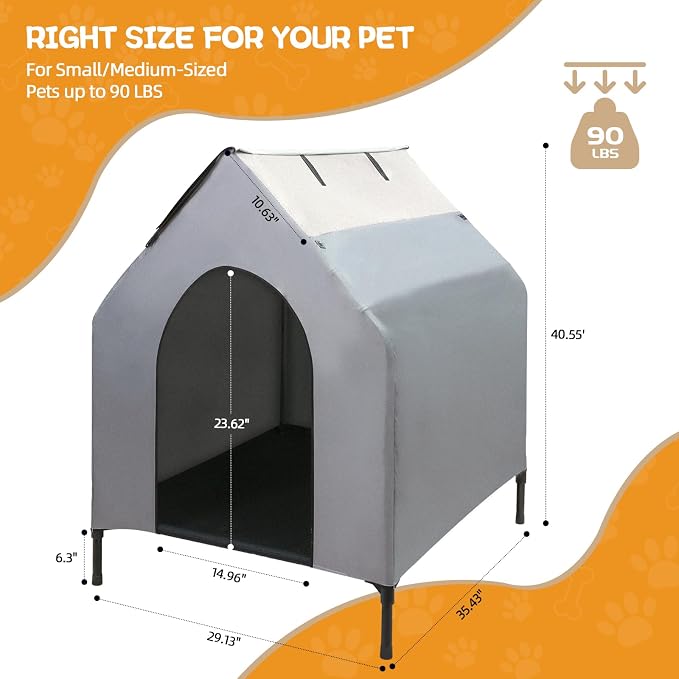 Dog House Outdoor, 2-in-1 Dog House for Small/Medium Dogs, Elevated Dog Bed with Canopy Weatherproof Puppy Shelter with Windows (Grey, 36 Inch)