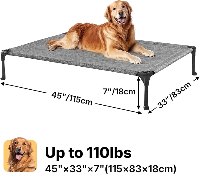 Veehoo Outdoor Elevated Dog Bed Large Sized Dogs, Cooling Raised Dog Cots | Off-ground training platform, portable camping hammock, breathable mesh, easy to clean, no-tool setup, 45"x33", Black Silver