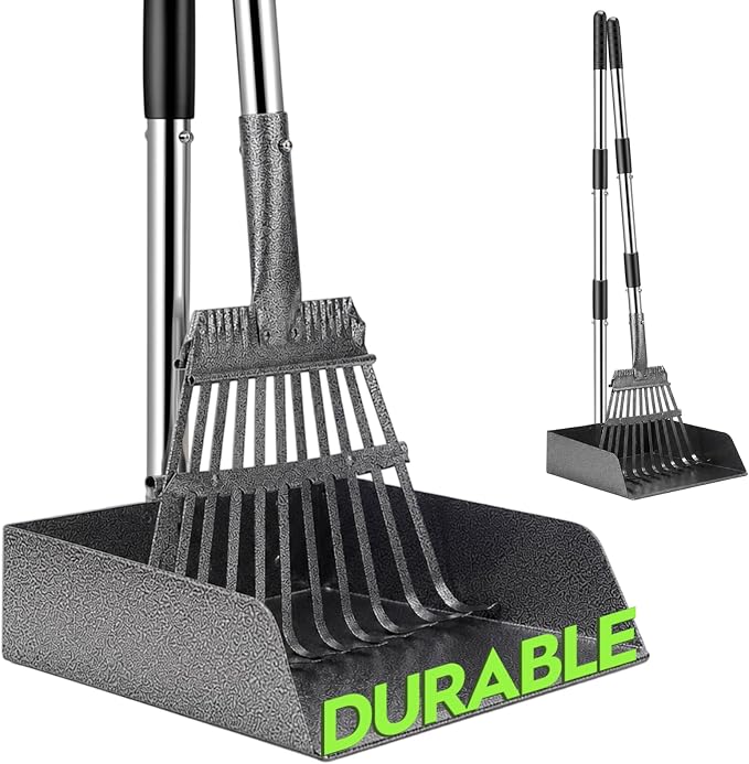 Long Handle Dog Pooper Scooper with Extension & Spare Poles, Stainless Steel Rustproof for Large Medium Dogs Yard Lawn | Ergonomic height adjustment, Four optional configurations, fits various grounds, easy to clean, free gloves & hook