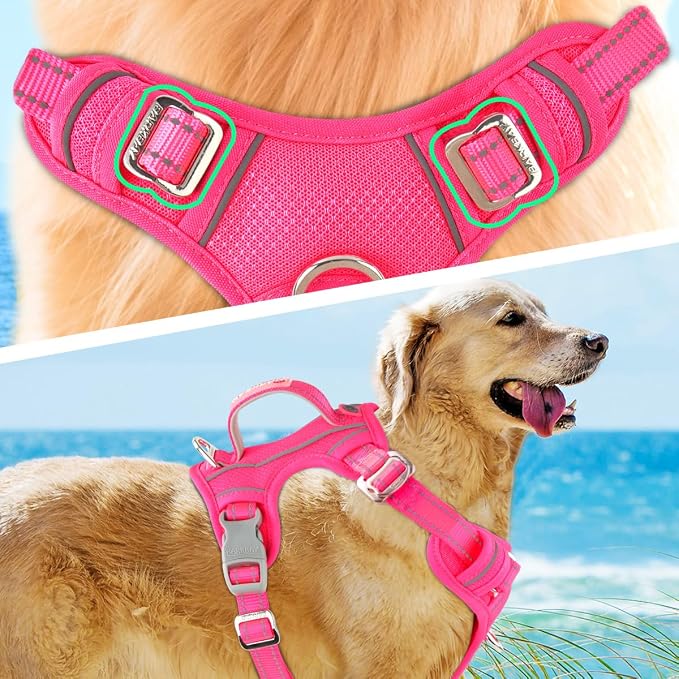 BARKBAY No Pull Dog Harness 3 Buckles Large Reflective Dog Harness with Front Clip and Easy Control Handle for Walking Training Running with ID tag Pocket(Pink,S)