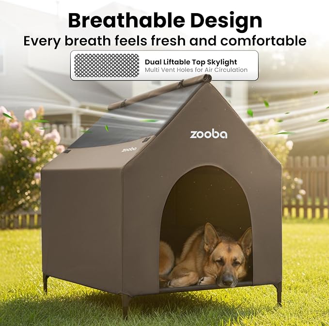 Zooba 36in Large Dog House Outdoor, Elevated Dog Bed with Canopy, Brown | Weather-resistant 600D PVC canopy, breathable 2x1 Textilene elevated bed, steel frame; indoor or outdoor; easy to clean