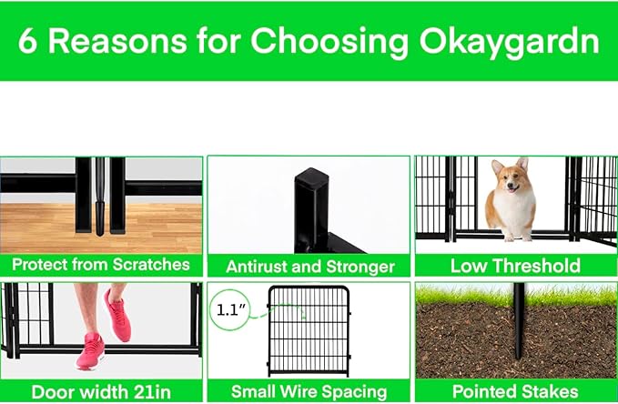 Okaygardn Tall Garden Fence Animal Barrier, 48 in(H) Fencing for Garden Beds, 4 Panels Total 8.9 Ft(L),Temporary Fence for Dogs Outdoor, 21 in Wide Low Threshold Gate, Garden Fence Border,Rabbit Fence