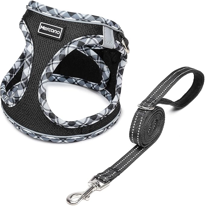Mercano Soft Mesh Dog Harness and Leash Set, No-Chock Step-in Reflective Breathable Lightweight Easy Walk Vest Harnesses with Safety Buckle for Small Dogs, Cats (Black White, L)