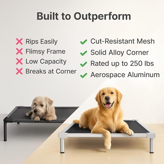 Elevated Dog Beds Large Sized Dog, Chew Proof Aluminum Alloy Heavy Duty Dogs Supplies Cooling Raised Pet Cot Indestructible with Anti-Rust Washable Assembly for Crate Outdoor-48.4"x 32" x 6.5"