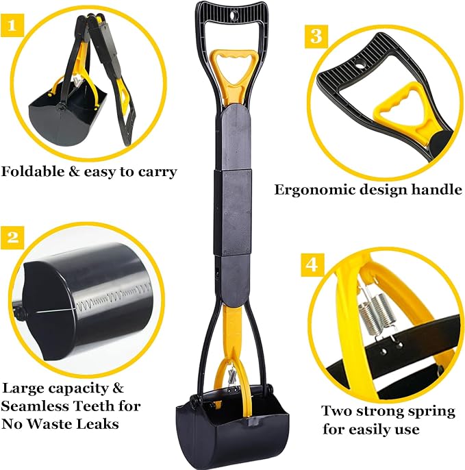 Pooper Scooper 2 Pack with 20 Litre Step Dog Poop Trash Can, 28" Long Handle Dog Poop Scoopers for Large Small Dogs Heavy Duty, Removable Inner Bucket for Outdoors, 50 Waste Bags Included (Yellow)
