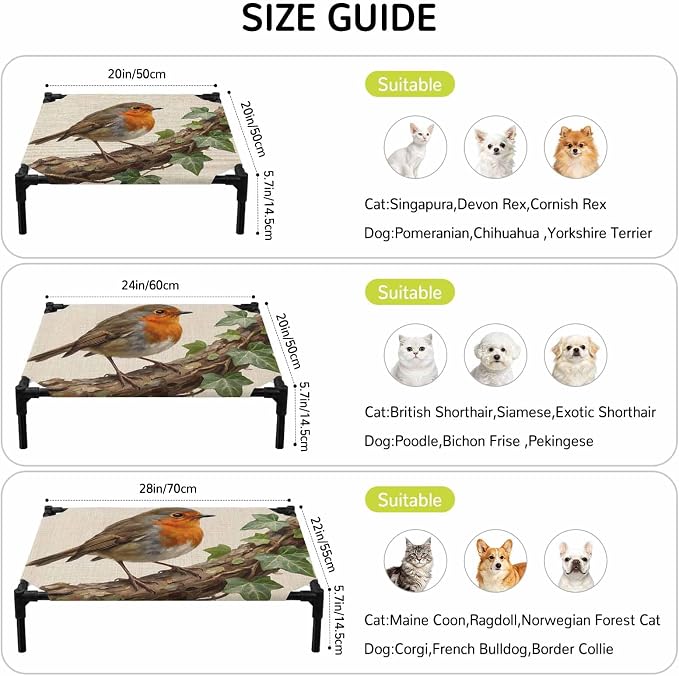 Outdoor Elevated Dog Bed for Large Dogs, Bird Breathable Cooling Raised Dog Cot for Indoor/Outdoor, Ivy Branch Animal Green Botanical Leaf Rustic Waterproof Elevated Pet Beds, L 28 x 22 in