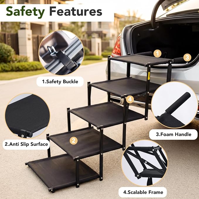 Extra Wide Dog Ramp for Car,Foldable Dog Steps for Truck SUV,150 Lbs | Non-Slip Oxford Surface,Sturdy Steel Frame,Anti-Scratch Handle,Adjustable Height,Light 10s Setup,Suitable for trunk