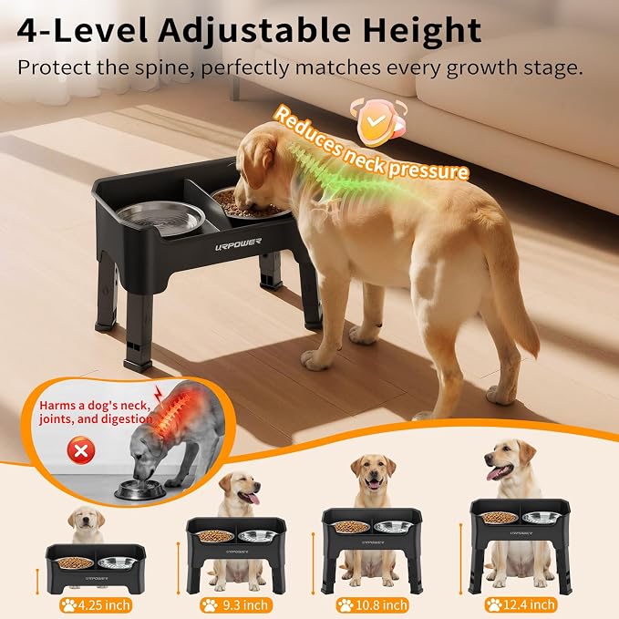 URPOWER Mess Proof Elevated Dog Bowls, Splash Guard Raised Bowl Stand | 4 Adjustable Heights, 2 Stainless Steel Bowls, Food & Water Separation, Foldable Design Non-Slip for Small Medium Large Dogs