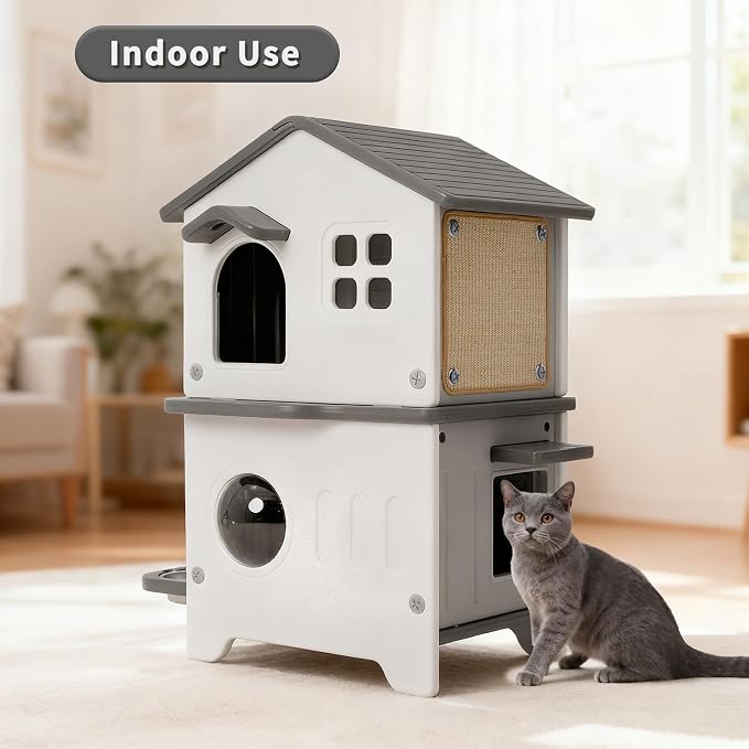 Rockever 2-Story Outdoor Cat House, Waterproof Cat House for Outdoor Cats | With Escape Door, Elevated Outside Cat House with Cat Bowls & Scratch Pads, Clean Easily(Grey)