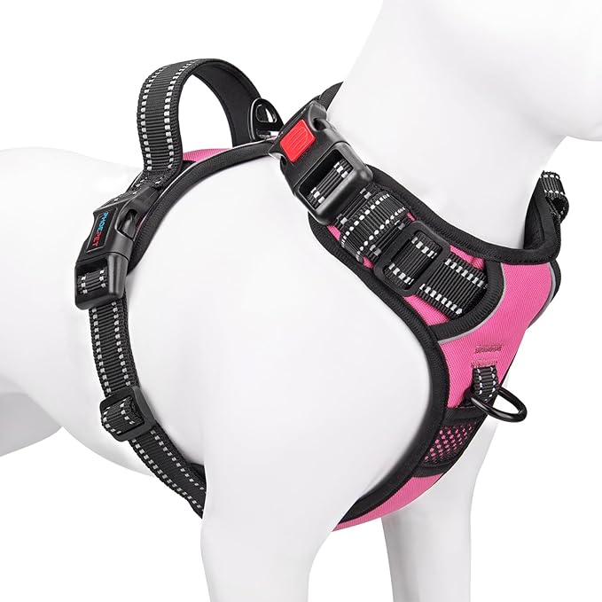 No Pull Dog Harness Medium Reflective Front Clip Vest with Handle | Adjustable 2 Metal Rings 3 Buckles,[Easy to Put on & Take Off](M, Pink)