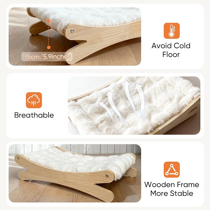 Plush Elevated Cat Bed - Cozy Raised Cat Hammock with Solid Wood Frame, Soft Furry Cushion for Indoor Cats & Small Dogs, Multi-Color Options(White)