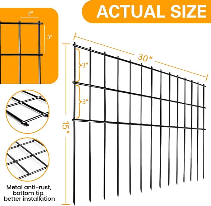 Garden Fencing Animal Barrier 37.5 ft(L)×15 in(H), 15 Panels No Dig Fence, Underground Critter Barrier for Decks, Small or Medium Pet Dog Digging Fence Barrier. Rust-Proof Metal Fence Stakes