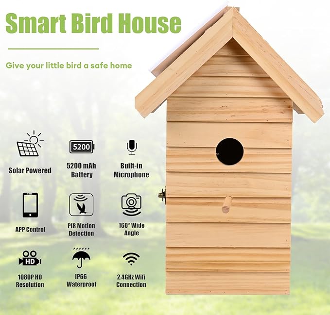 Smart Bird House with Camera, 2.4G WiFi & App Alerts, 160° Wide View 1080P HD Wireless Birdhouse, Auto Capture Bird Video & Motion Detection, Smart Bird House Camera Solar Powered (Natural, Normal)