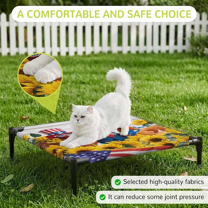 Outdoor Elevated Dog Bed for Small Dogs, Sunflower Independence Day Breathable Cooling Raised Dog Cot for Indoor/Outdoor, 4th of July Rooster Wooden Waterproof Elevated Pet Beds, S 20 x 20 in