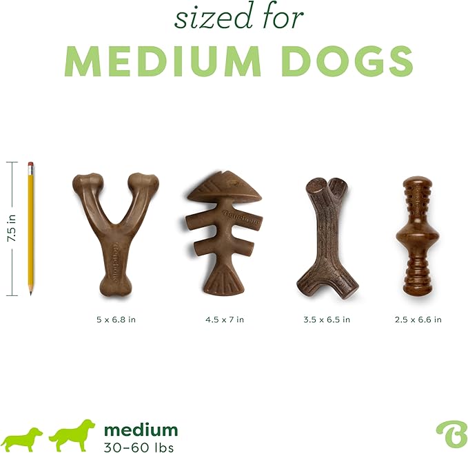 Benebone Medium 4-Pack Dog Chew Toys for Aggressive Chewers, Made in USA, 60lbs and Under