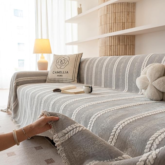 VClife Chenille Sofa Cover Bohemian Striped Pattern Couch Cover for 2 Cushion Sofa - Gray Creamy White Textured Sofa Slipcover Washable Furniture Protector for Couch Decorative Couch Cushion Cover
