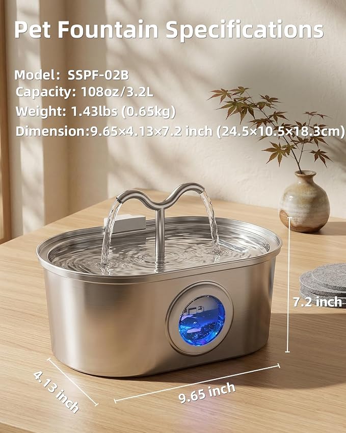 Stainless Steel Cat Water Fountain, 108oz/3.2L Pet Water Fountain for Cats Inside, with Dual Spouts for Multiple Cats, Ultra-Quiet Automatic Dog Water Dispenser, 6 Replacement Filters Included