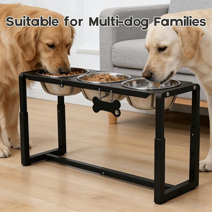 Metal Elevated Dog Bowls, Raised Dog Bowls for Medium/Large Sized Dogs with Three 58oz Stainless Steel Food Bowls, 3 Adjustable Height (8.8"/11.5"/14") Dog Bowl Stand Protect Neck & Joints