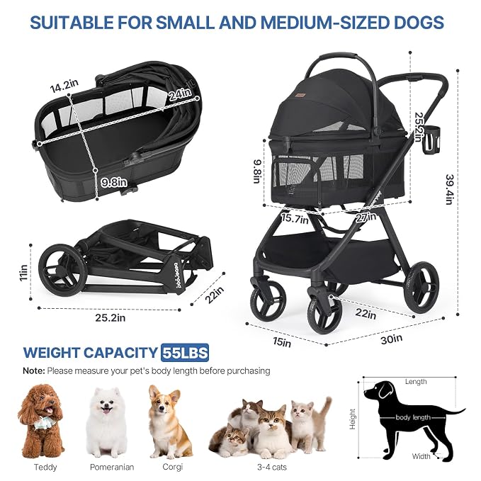 X-5 Pet Stroller for Medium Pets Up to 55 lbs, Net Black | Full View, Adjustable Handle, Detachable Carrier, Convertible Car Seat, One-Touch Fold, All-Terrain Wheels, 3-in-1 Design