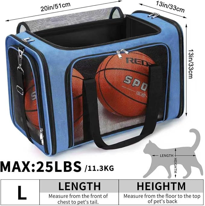 Soft-Sided Cat/Dog/Pet Carrier, Collapsible Pets Travel Carriers for Big Cats/Small Dogs with Shoulder Strap & Removable Mat, Mesh Puppy Carry Bag, Up to 25 Lbs (Blue)