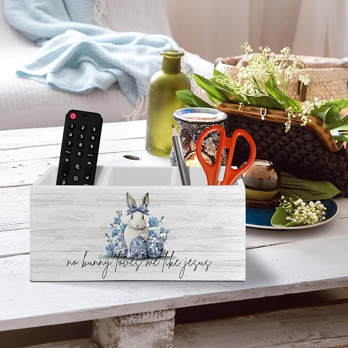 Easter Bunny Decor, Chinoiserie Christian Easter Bunny Pen Pencil Holder Organizer for Desk Accessories, Blue and White Floral Rabbit Wooden Box Sign Desk Decor for Home Office Decoration