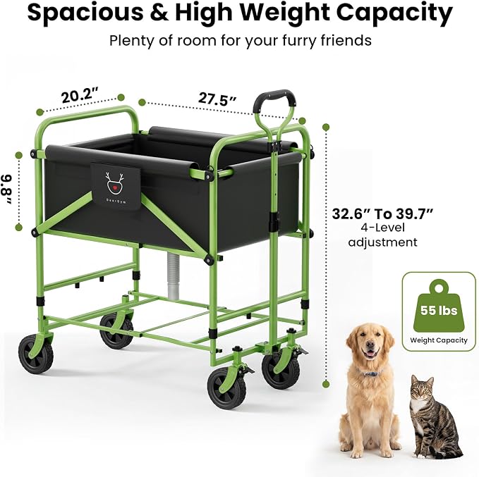 2-in-1 Dog Bathtub and Dog Stroller, Portable Dog Bath and Pet Stroller for Small and Medium Dogs (5-55 lbs) and Cats, Four-Wheel Bathing Cart with Brake Green