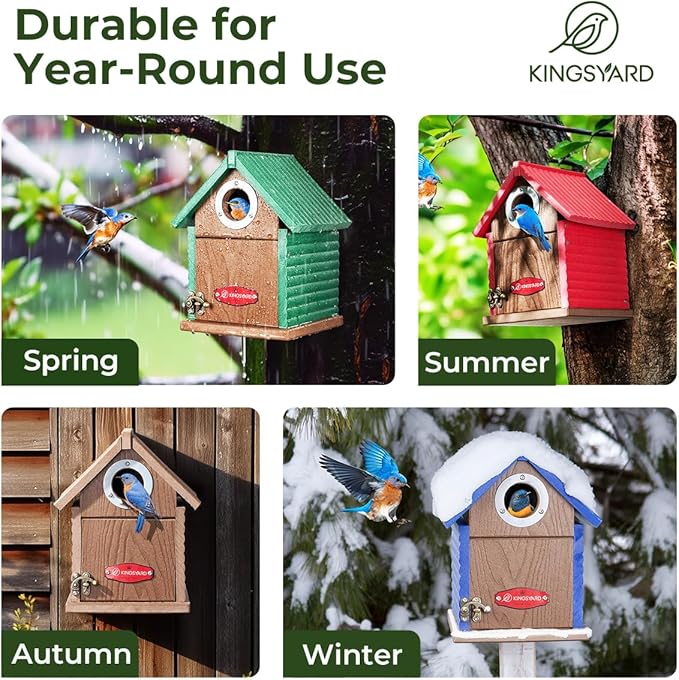 Kingsyard Recycled Plastic Bird House for Outdoors - Weatherproof Nesting Box with Clear View Panel & Predator Guard for Bluebird Wren Swallow Finch, Green