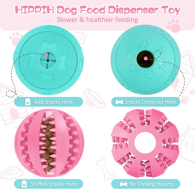 HIPPIH Dog Puzzle Toy 2 Pack, Interactive Dog Toys for Treat Dispensing, Durable Puppy Toys for Teething, Dog Treat Ball for Teeth/Slow Feeder/IQ Training/Playing, Pink-2.75‘’, Green-3.14‘’