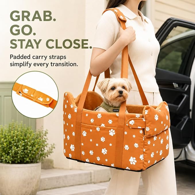 Center Console Dog Car Seat Safe Travel for Small Dogs Under 15 lbs Detachable Washable Pet Carrier with Storage Pockets & Safety Leash (Orange)