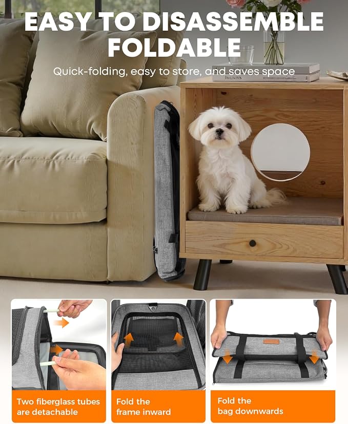 Foldable Cat Dog Carrier for Pets up to 15 Lb, Grey | Top & Side Entry, Soft-Sided Pet Carrier with Ventilated Anti-Scratch Mesh & Car Seat Buckle for Car Travel, 20×13×13 in