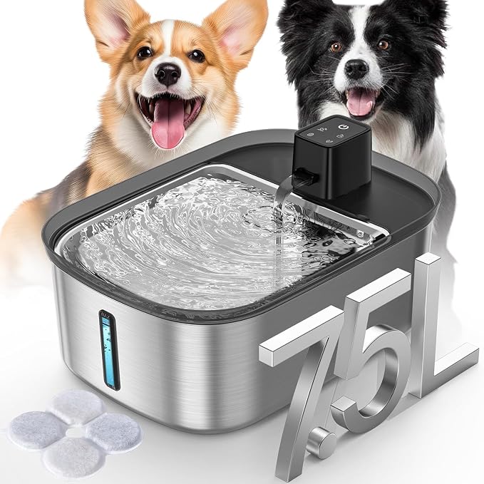 Wireless 7.5l/254oz/2Gal Dog Water Fountain for Large Dogs Stainless Steel | Quiet Pet & Cat Water Fountain with Motion Sensor, Automatic Water Dispenser for Dogs&Multi-Pet Homes Continuous Fresh Flow