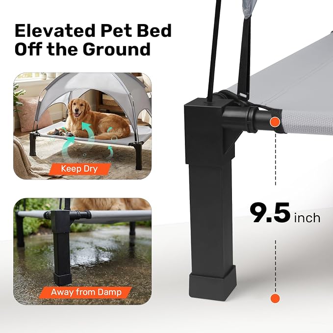Elevated Dog Bed with Removable Canopy, Sun Protection Shade Tent Dog Cot | Portable Outdoor Dog Bed, Raised Pet Cooling Cot Bed for Dogs, 60in