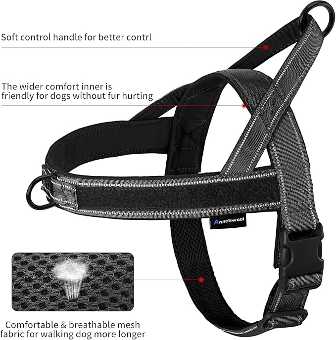 Annchwool No Pull Dog Harness with Padded Handle+5 Ft Leash,Reflective Strip Escape Proof and Quick Fit to Adjust Dog Harness,Easy for Training Walking for Small & Medium and Large Dogs(Black-Set,L)