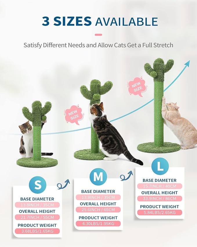 Made4Pets Cactus Cat Scratching Post for Indoor Cats with Plush Ball, 25.6" | Interactive Cactus Cat Scratcher with Natural Sisal Rope, Sturdy Base and Plush Ball for Daily Scratching and Indoor Play