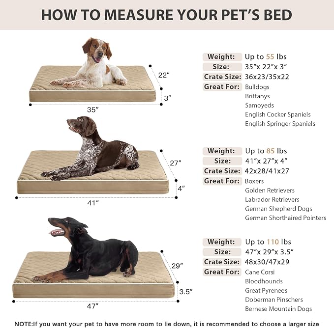 WNPETHOME Orthopedic Waterproof Large Dog Bed for Crate Cozy Sleep | Washable Large Pet Bed with Removable Cover, Multi-Needle Quilting Dogs Crate Beds Brown 35x22 Inch