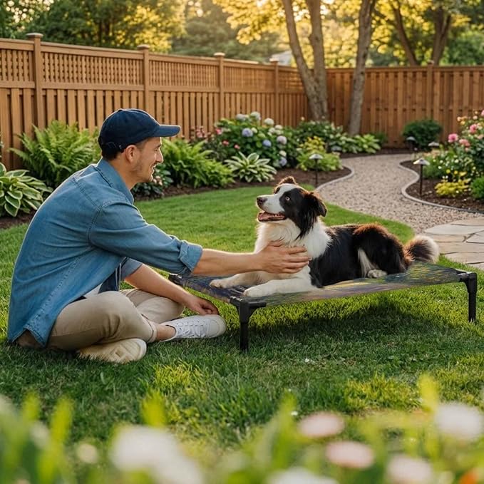 Outdoor Elevated Dog Bed for Large Dogs, Farmhouse Forest Breathable Cooling Raised Dog Cot for Indoor/Outdoor, Pastoral Country Sun Light Trees Waterproof Elevated Pet Beds, L 28 x 22 in