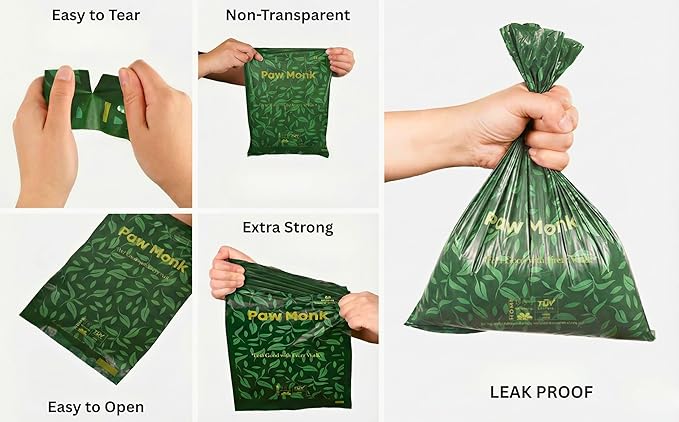 Paw Monk Heavy Duty Dog Poop Bags Rolls Refill – Certified Home Compostable dog waste bags, Extra Thick 20 Micron, Leakproof & Easy Open doggy poop bags, Unscented – 120 Bags (8 Rolls)