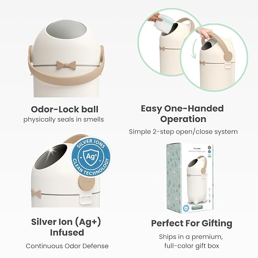 iTouchless 4 Gal Nursery Bin | Odor-Locking Diaper Pail Bin | Boho Ivory | Rotating Ball Seal Traps Smells | Soft Neutral Accent Color | Fits Any Standard Trash Bag | Flip-Up Handle Opens One-Handed
