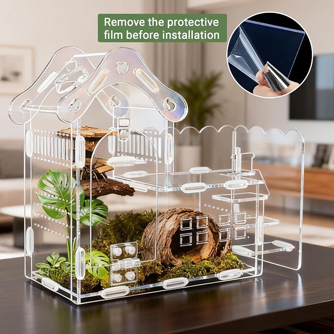 Magnetic Acrylic Jumping Spider Enclosure with Mushroom House, Easy-Feed Hole & Front Opening – Terrarium for Tarantula, Mantis, Beetle, Gecko, Hermit Crab, Reptile Habitat