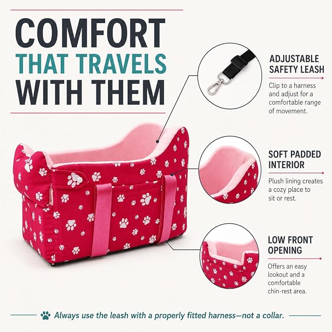 Center Console Dog Car Seat for Small Dogs Under 15 lbs - Detachable Washable Carrier with Safety Belt & Storage Pockets, Pink