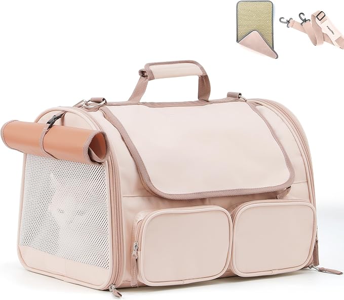 FUKUMARU Cat Carrier, 4 Mesh Windows Small Dog Carrier, 4 Storage Pockets Cat Travel Bag, Under 15 lb Airline Approved Pet Carrier, Rollable Cover for Nervous Cats, Pink