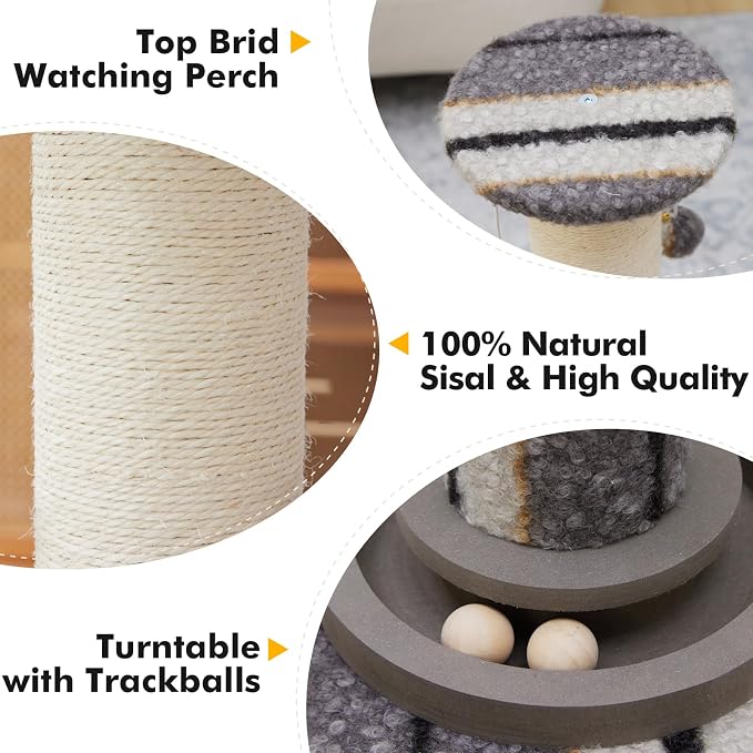Woochpet Cat Scratching Post 34 Inch Tall Heavy Duty Sisal Scratcher with Interactive Track Mouse Toy Condo Top Jingle Balls for Indoor Kittens,Grey