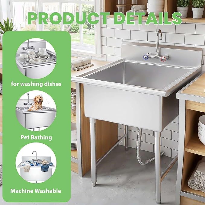 Pet Bathing Tub Station, Heavy Duty Utility Wash Basin for Garage Workshop, Compact Freestanding Commercial Catering Sink for Business Owners.
