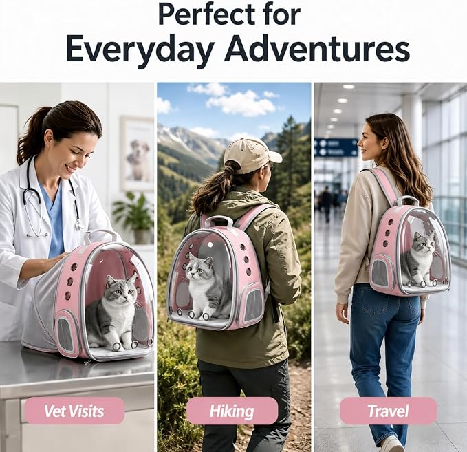 Expandable Cat Carrier Backpack for Cats & Dogs, Bubble Window Pet Travel Backpack with Breathable Mesh, Anti-Collapse Structure, Side Door, Safety Leash, for Vet Visits, Hiking, Outdoor, Pink