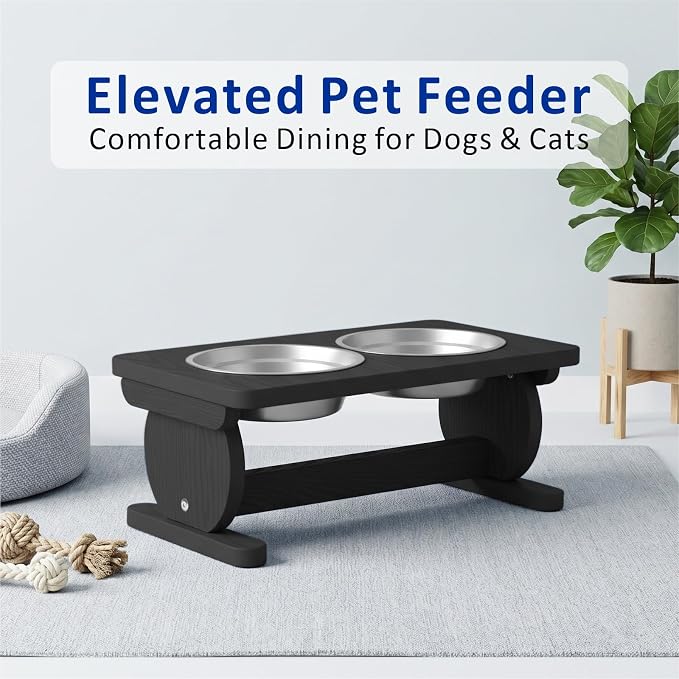 Raised Dog Bowl Stand for Small Sized Breed, Feeding Station with 21 oz 2 Stainless Steel Bowls & Licking Plate,Dog Food Bowl Black