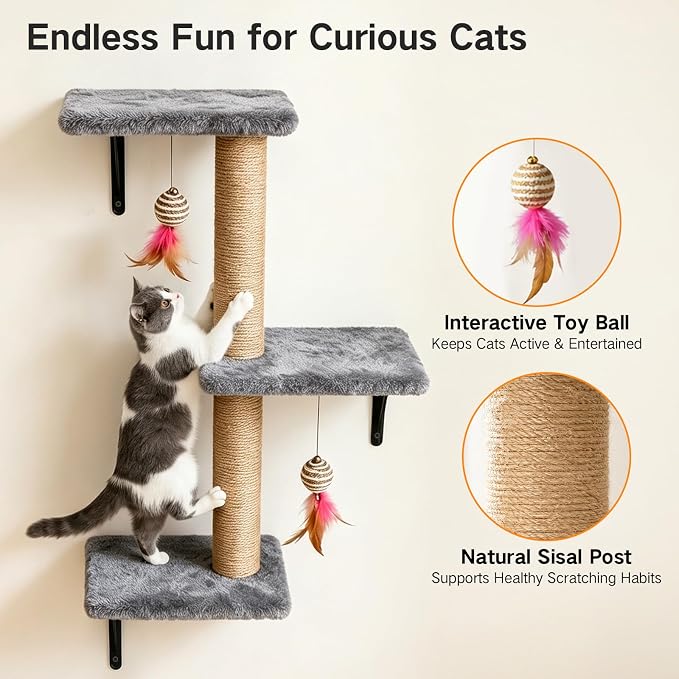 5-in-1 Cat Wall Shelves for Indoor Cats, Wall Mounted Cat Furniture Set with Bed, Perch, Hideaway Condo, Scratching Post & Scratcher, Cat Climbing Wall System, Space Saving Design, Grey