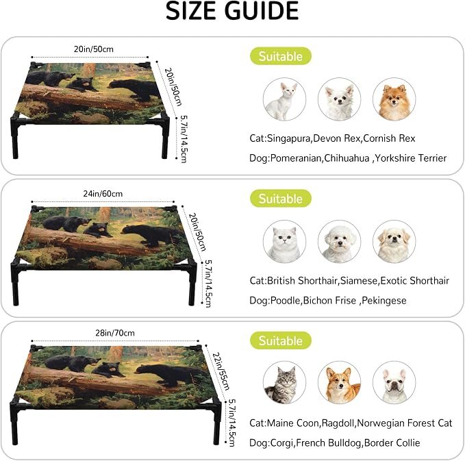 Outdoor Elevated Dog Bed for Small Dogs, Forest Bears Breathable Cooling Raised Dog Cot for Indoor/Outdoor, Nature Country Wild Animals Trees Branch Waterproof Elevated Pet Beds, S 20 x 20 in