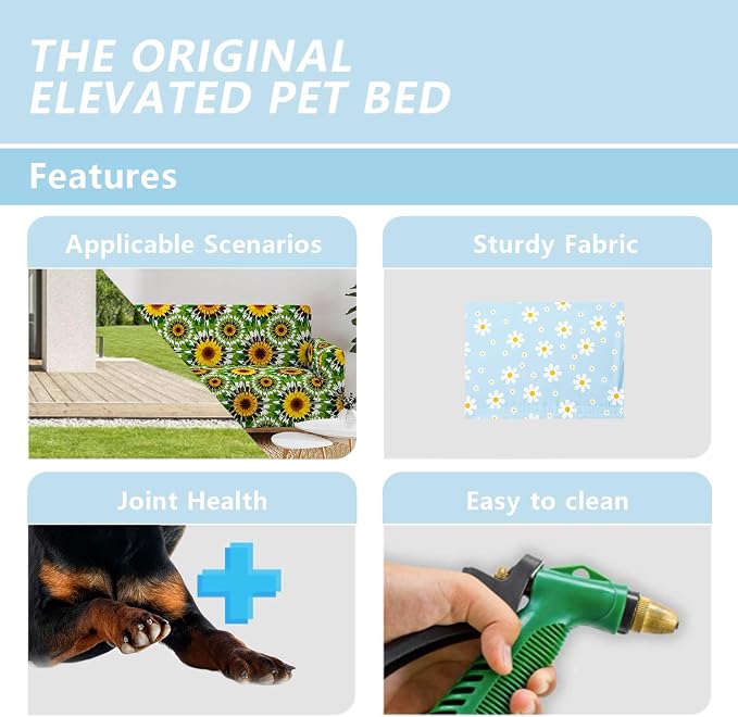 Blue Daisy Pattern Orthopedic Elevated Dog Pet Bed(35"X25"X8"),with Metal Frame,Printing Breathable Waterproof Dog Kennel,Sleeping Bed Set for Small Medium Large Dogs Cats,for Home,Outdoor Use